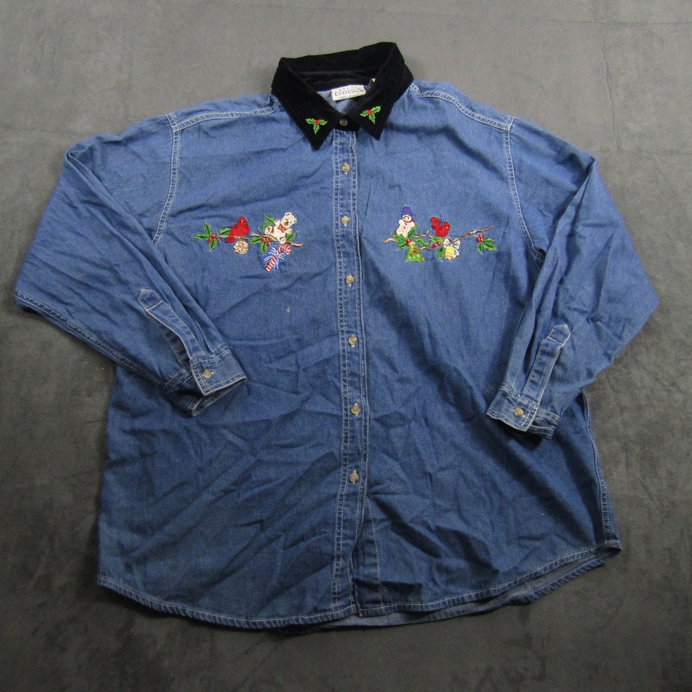 Basic Editions Denim Shirt Womens XL Blue Christmas Embroidered Velvet Collar